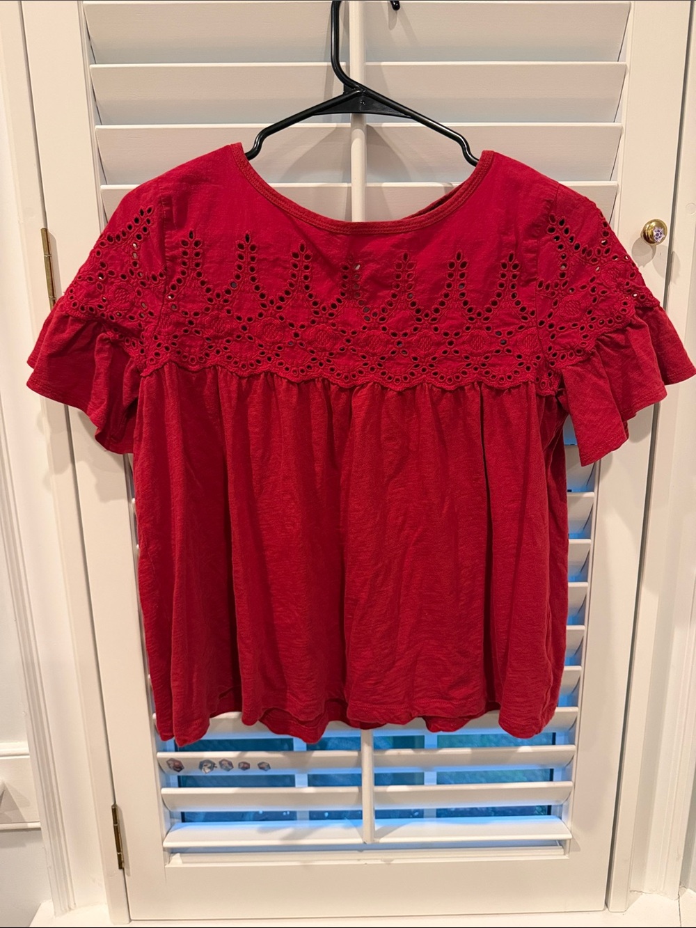 J. Crew Red Eyelet Yoke Flutter-Sleeve Top